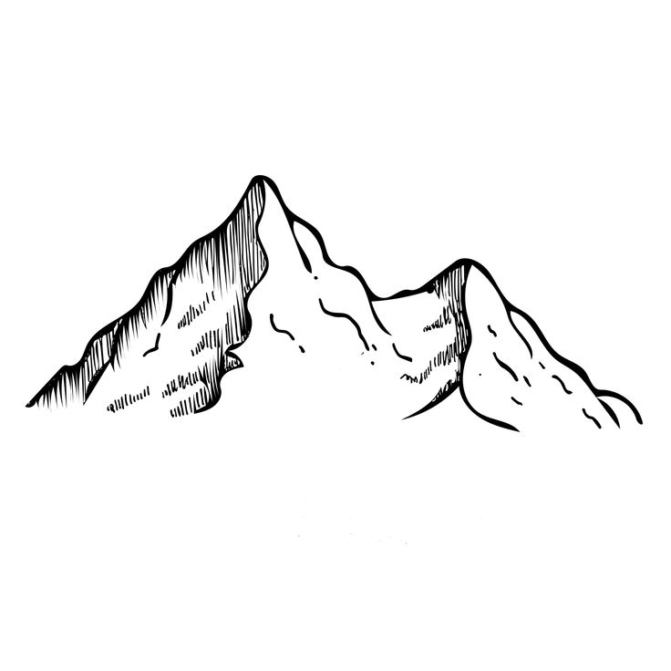 a black and white drawing of a mountain peak with snow on it's sides