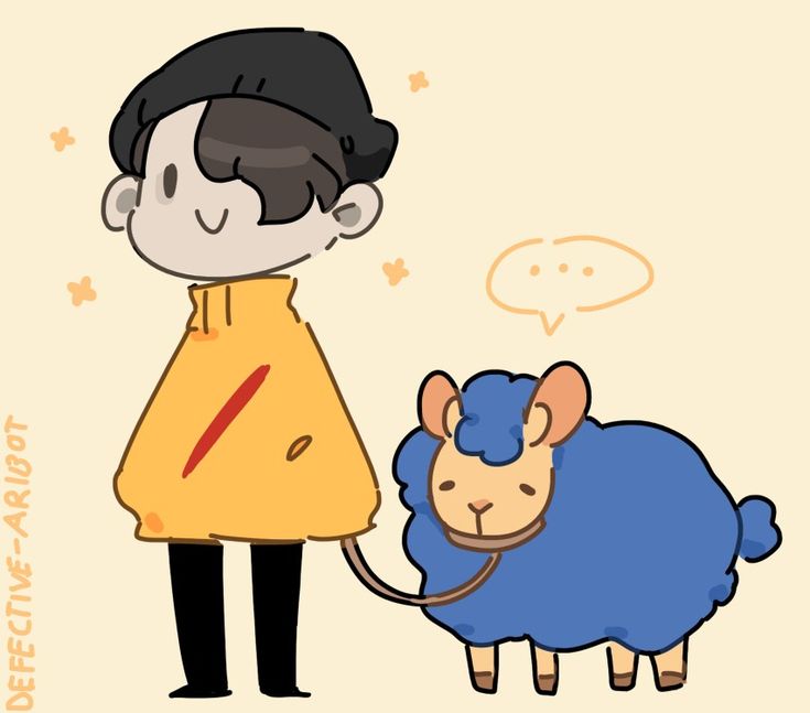 a boy is holding the tail of a blue sheep's tail while it stands next to him