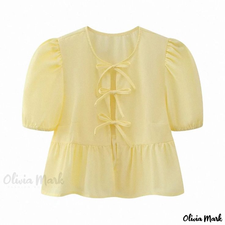 Olivia Mark - White Fashionable Ribbon-Trimmed Bubble Sleeve Shirt Blouse in Multiple Colors Half Sleeve Women, Babydoll Shirt, Short Blouses, Peplum Shirts, Short Puff Sleeve, Half Sleeve Shirts, Summer Crop Tops, Sleeves Clothing, Summer Blouses