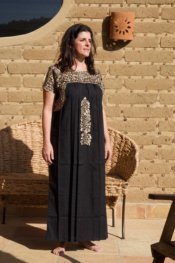 Medium - Large Hand Embroidered Black Dress / Mexican Huipil / Long Embroidery with silk thread/ Mex Gold Dress Long, Mexican Huipil, Elegant Summer Dress, Hand Embroidered Dress, Black And Gold Dress, Mexican Wedding Dress, Elegant Summer Dresses, Black Embroidered Dress, Etsy Wedding Dress