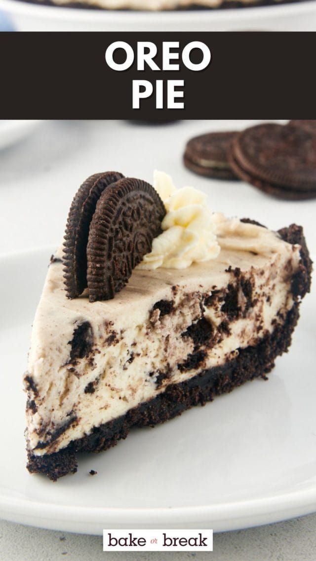 oreo pie on a white plate with oreos in the background and text overlay