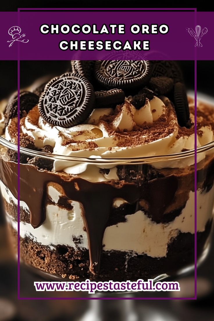 a chocolate oreo cheesecake in a glass dish with the words, chocolate oreo cheesecake