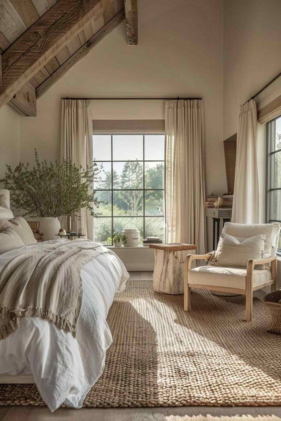 a bedroom with a bed, chair and window in the room that is made out of natural materials