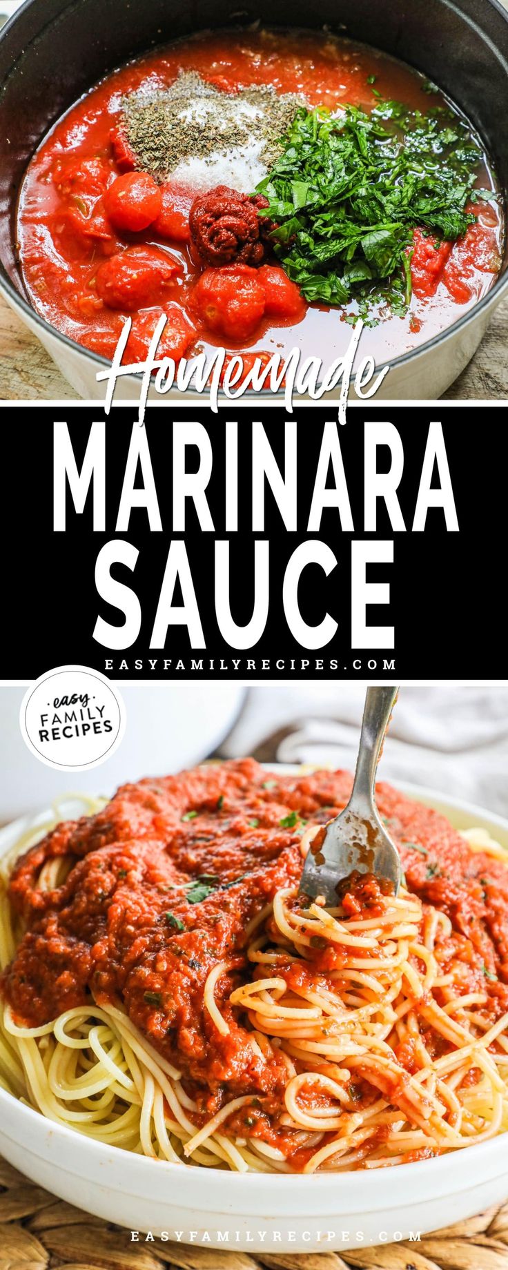 homemade marinara sauce in a pan with spaghetti and tomatoes