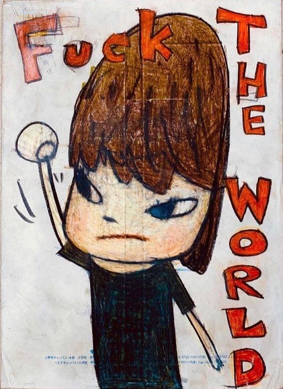 a drawing of a boy with the words f k the world on it's face