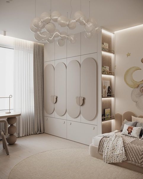 a bedroom with white walls and beige carpeted flooring, built - in shelving units and a round bed