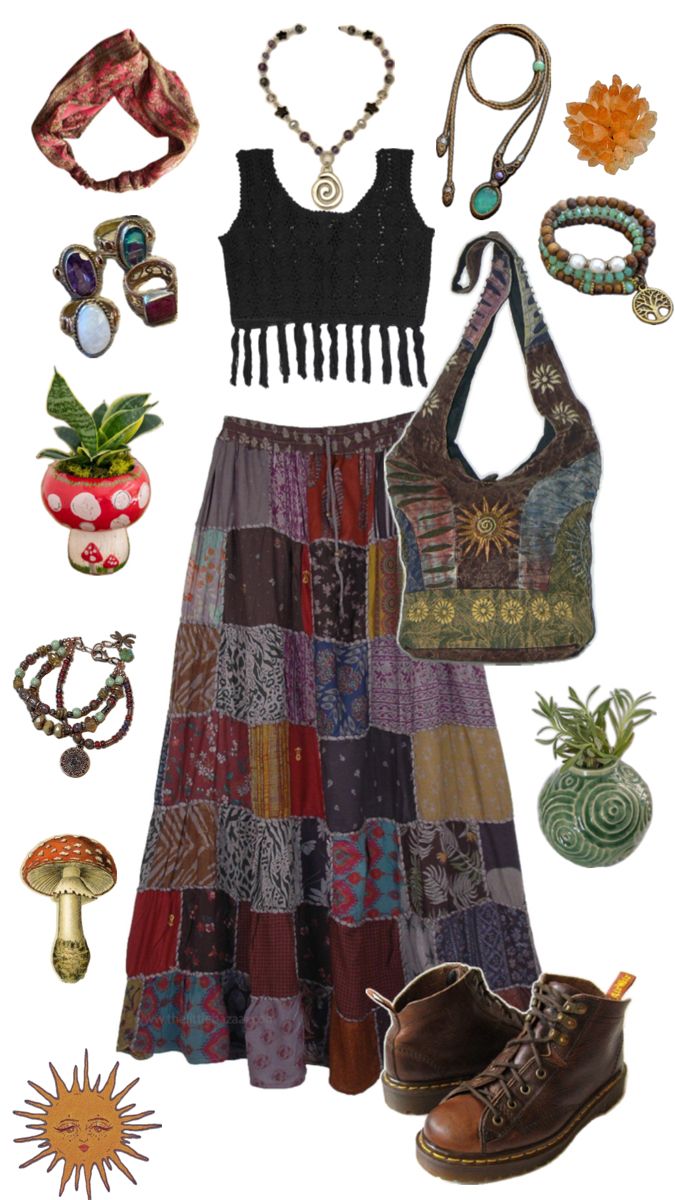 Hippie outfit patchwork skirt crystal jewellery Patchwork Skirt Outfit, Hippie Fits, Mode Hippie, Hippie Skirts, Earthy Outfits, Estilo Hippie, Hippie Style Clothing, Boho Outfit, Funky Outfits