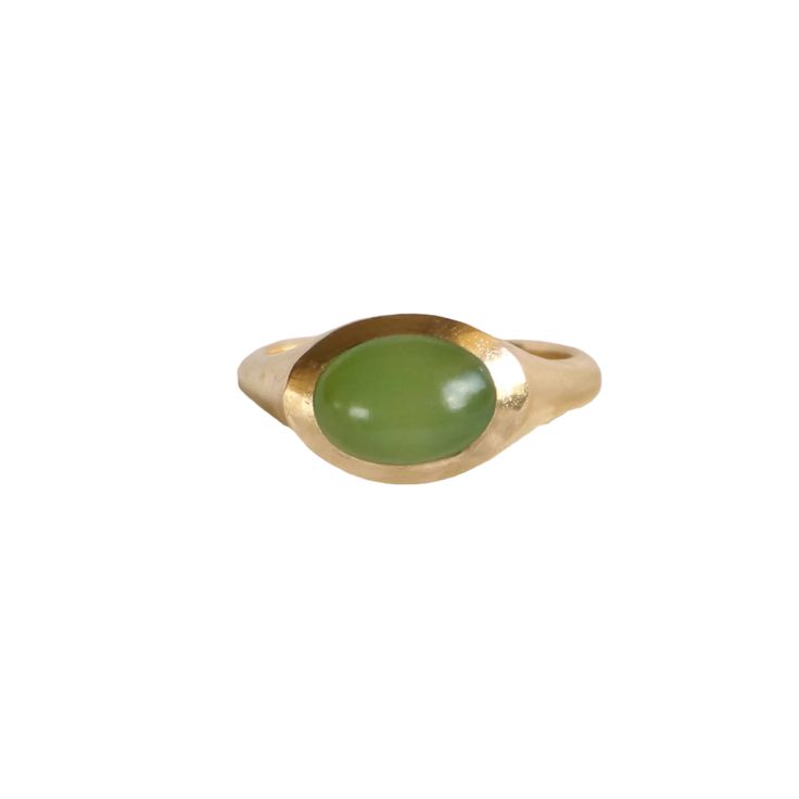 EYE-CATCHING WHAT IT IS: Gold Inanga Pounamu Small Oval Cabochon Ring WHY IT’S SPECIAL: Courtney's distinctive, minimalist designs, allow the gemstones of New Zealand to shine The rounded cabochon holds the light and color of the grey-green stone to allow a beautiful glow GOOD TO KNOW: Pounamu (Jade) 9k gold WHY WE LOVE COURTNEY MARAMA: Inspired by her rich heritage and her environmental values, Courtney thoughtfully hand makes everything in her Waikato studio with this ethos in mind. She uses 5 Good To Know, Minimalist Designs, Cabochon Ring, Recycled Metal, Grey Green, Small Jewelry, Green Stone, To Shine, Oval Cabochon