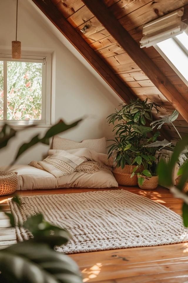 a room with a bed, rug and plants on the floor in front of an open window