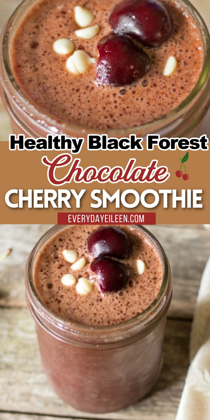 A Pinterest pin for a chocolate cherry smoothie Cherry Chocolate Smoothie, Cherry Smoothie Recipes, Chocolate Strawberry Smoothie, Smoothie Flavors, Dairy Free Smoothies, Cherry Smoothie, Cherry Chocolate, Chocolate Smoothie, Healthy Shakes