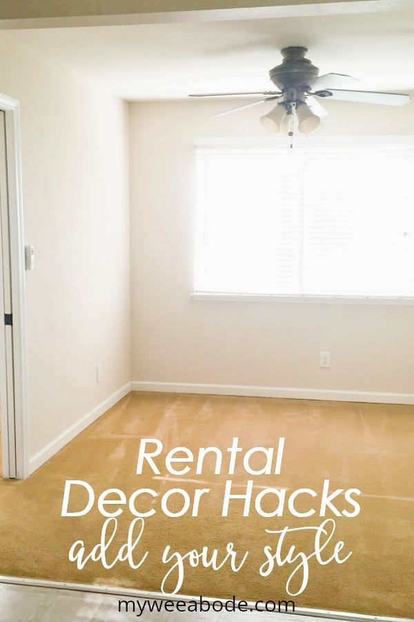 an empty room with the words rental decor hacks and your style written on the carpet