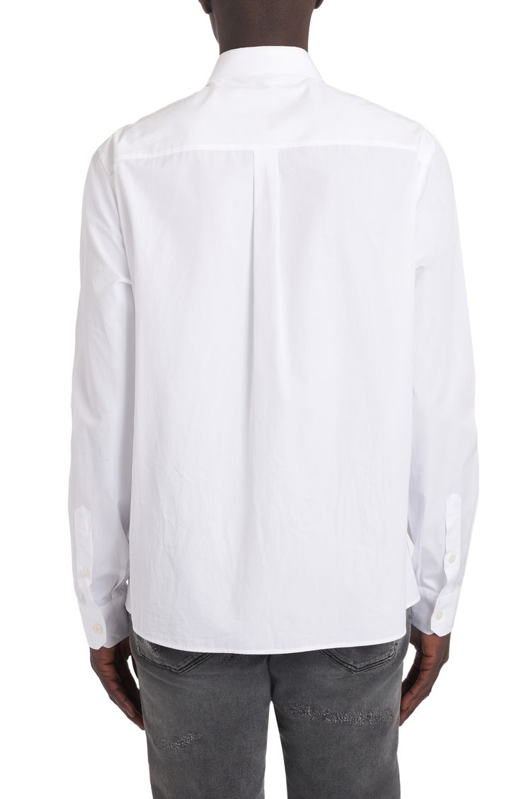 From the Italian label's 'essential' collection comes this crisp white cotton button-up in a slim Martini fit branded with an engraved logo at the chest pocket. 30 1/2" length; 44" chest (size 39) Front button closure Point collar Long sleeves with button cuffs Chest patch pocket 100% cotton Dry clean Made in Italy Men's Designer Clothing White Tops With Concealed Placket And Relaxed Fit, White Relaxed Fit Tops With Concealed Placket, Classic Button-up Top With Functional Buttons, Classic Cotton Shirt With Functional Buttons, White Button-up Shirt With Concealed Placket, White Cotton Shirt With Concealed Placket, Classic Button-up Shirt With Functional Buttons, White Cotton Dress Shirt With Button Cuffs, White Cotton Shirt With Button Closure