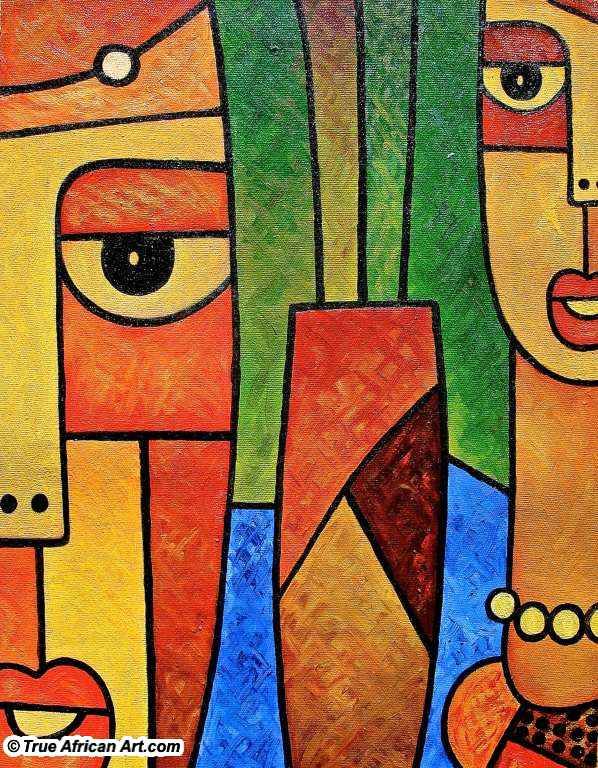 an abstract painting of two people looking at each other with eyes wide open and their faces slightly closed