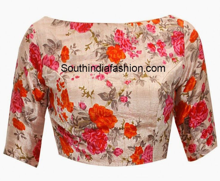 Floral Print Boat Neck Blouse – Raw silk floral print boat neck elbow length sleeves blouse featuring cut out on the back. Boat Neck Blouse Pattern, Boat Neck Saree Blouse, Boat Neck Blouse Designs, Neck Blouse Designs, Neck Patterns, Boat Neck Blouse Design, Boat Neck Blouse, Saree Blouse Patterns, Indian Blouse