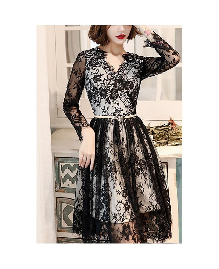 Get 10% off now! Buy Sexy Black Lace Homecoming Party Dress With Long Sleeves at cheap price online. Free stable shipping and pro custom service since 2009. Black Long Sleeve Dresses For Prom, Fitted Long Sleeve Lace Dress For Party, Fitted Lace Dress With Long Sleeves For Party, Black Fitted Long Sleeve Lace Dress, Black Fitted Lace Dress With Long Sleeves, Black Lace Dress For Party, Black Lace Dress With Lace Closure, Black V-neck Dress With Contrast Lace, Party Season Lace Dress