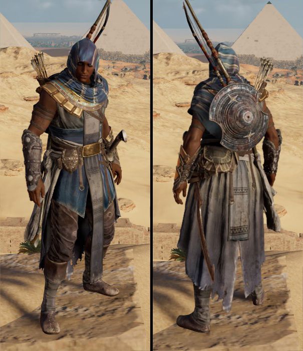 two pictures of the same person in front of three pyramids, one is wearing an armor