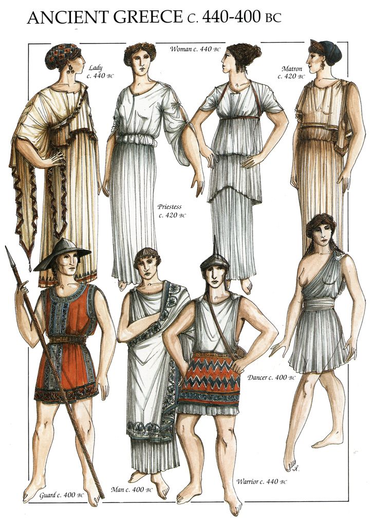 an ancient greek dress pattern for women with different types of clothes and headgear