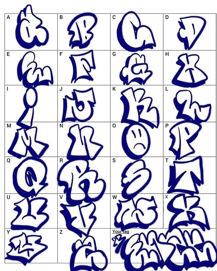 Graffiti Alphabet and Numbers in Blue Ink