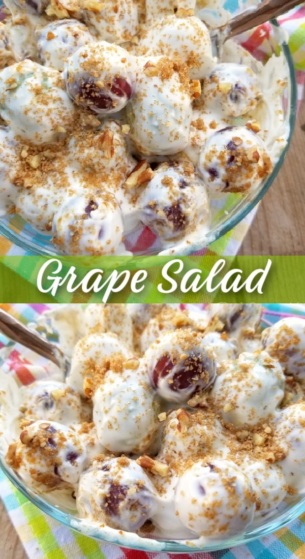 two bowls filled with grapes salad on top of a table