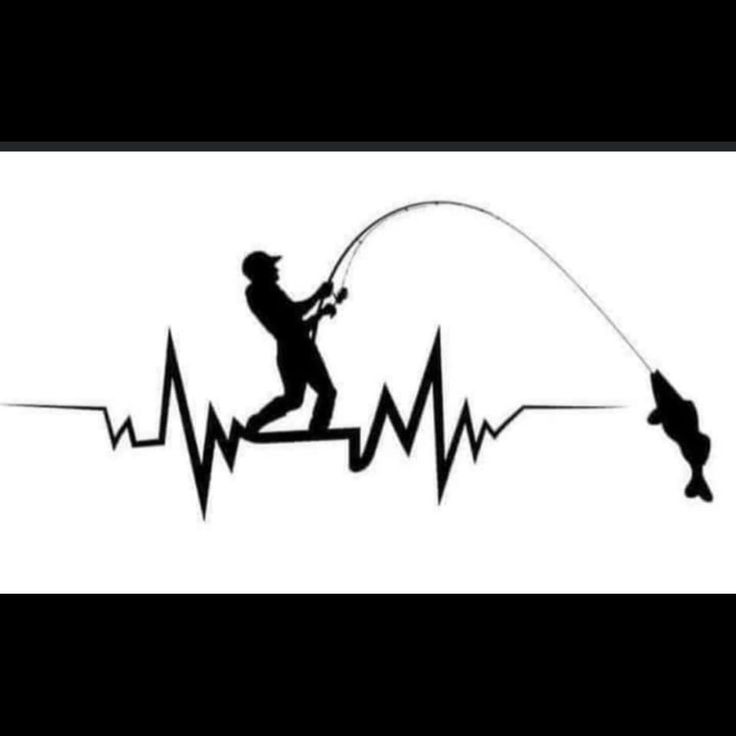 the silhouette of a man fishing on a line with a dog running behind him and an arrow in the shape of a heart