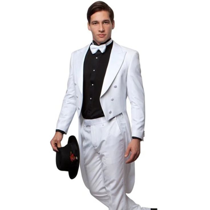 "This Modern Fit Tail Tuxedo Features A Six Button Jacket, White Satin Peak Lapel, And Long Tail Coat. The Pants Are Flat Front And Made From 100% Wool. The Pants Come Six Inches Smaller Than The Jacket Size And Can Be Adjusted Out Two Inches Or In Four Inches By A Tailor. The Pant Length Is Unfinished For Custom Hemming." Fitted White Tuxedo With Buttons, White Fitted Tuxedo With Buttons, White Party Outerwear With Button Closure, White Formal Suit With Buttons, White Winter Suits For Formal Occasions, Classic White Suits With Button Closure, White Double Button Closure Suit For Formal Occasions, Fitted White Suit For Winter, Winter White Fitted Tuxedo