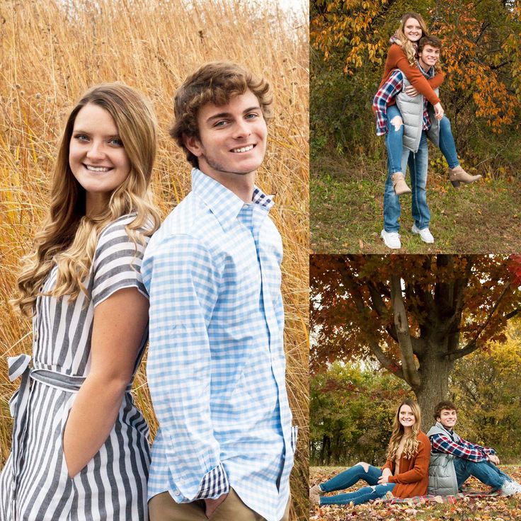 two people are posing for pictures in front of some trees and grass, one is holding the other's back