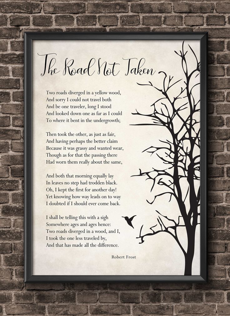 the road not taken poem on a brick wall with a bird flying in front of it