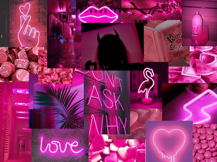 a collage of pink and purple images with the words love written in neon lights