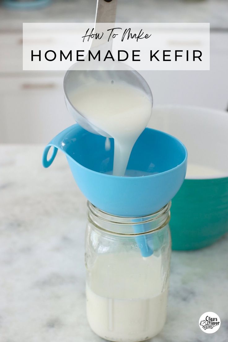 milk being poured into a mason jar with the words how to make homemade kefir