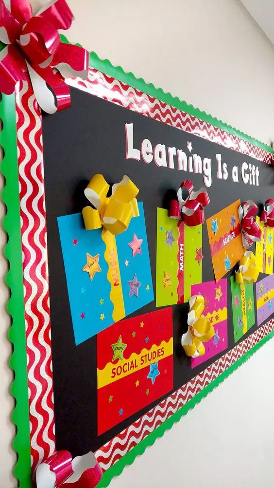 a bulletin board with colorful paper and bows on it's sides that says learning is a gift