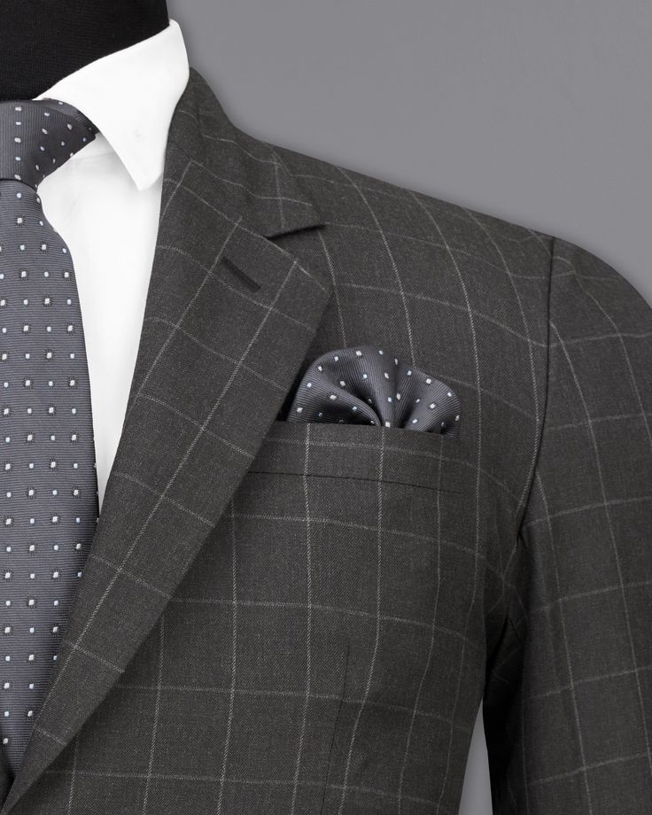 This Single Breasted Suit is a stylish and unique addition to any formal wardrobe. Made from high-quality materials, this suit features a striking windowpane checkered pattern that is perfect for making a statement. The single-breasted design adds a touch of sophistication, while the comfortable regular fit ensures all-day comfort. Ideal for formal occasions and weddings this suit is sure to impress everyone around you. In addition to being constructed from Imported Superior Fabrics, French crow Single Breasted Suit, Designer Suits For Men, Long Blazer, Blazer And Shorts, Checkered Pattern, Designer Suits, Charcoal Gray, Formal Occasion, Charcoal Grey