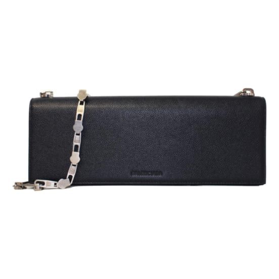 This chic shoulder bag from Balenciaga's "Essential" collection is crafted with a grained calfskin leather. The handbag features a discreet debossed Balenciaga logo on the front face and a zipper motif chain strap. The double snap closure opens up to a smooth black leather interior with card slots and slip pockets. Make a statement with this beautiful shoulder bag, only from Balenciaga!    Model: 657232  Black Calfskin leather  Debossed Balenciaga logo  Aged silver-tone hardware    Double snap c Black Calf Leather Flap Bag For Evening, Formal Black Calf Leather Flap Bag, Luxury Leather Wallet On Chain, Luxury Leather Wallet On Chain For Business, Leather Wallet On Chain With Detachable Strap, Luxury Leather Business Wallet On Chain, Elegant Leather Box Bag With Palladium Hardware, Modern Evening Shoulder Bag With Palladium Hardware, Elegant Textured Leather Box Bag For Everyday Use