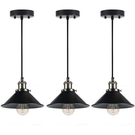 three black pendant lights with one light on each side and the other hanging from it