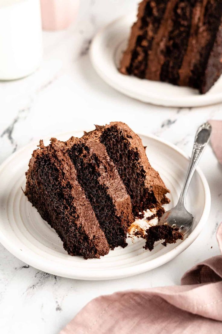 a slice of chocolate cake on a white plate