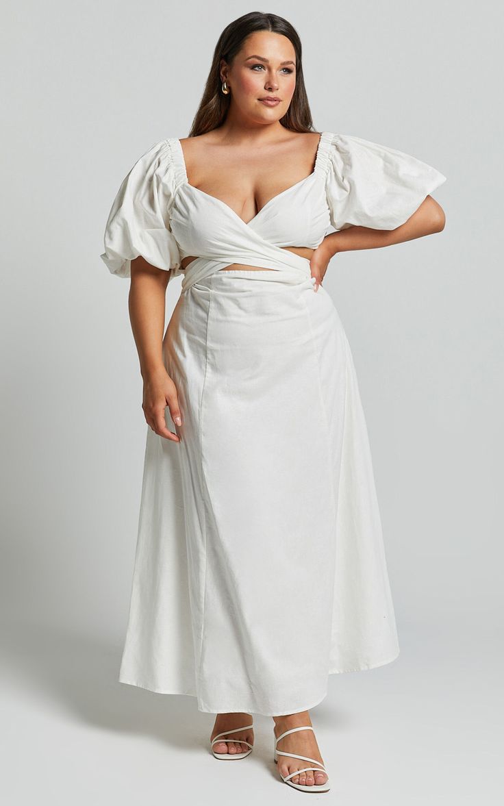 Amalie The Label - Janae Linen Blend Puff Sleeve Cut Out Midi Dress in White Linen Outfit Plus Size, Plus Size Rehearsal Dinner Dress, Plus Size Linen Outfits, Linen Puff Sleeve Dress, John Luke, Sorority Recruitment Outfits, Recruitment Outfits, Cut Out Midi Dress, Mid Size Fashion