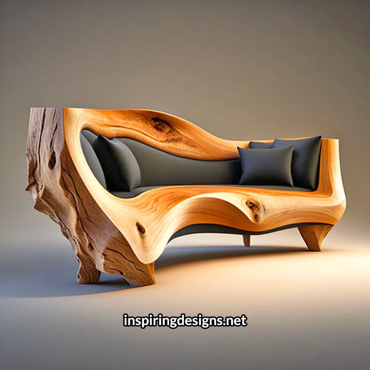 a couch made out of wood with black cushions on the seat and backrests