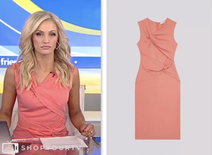 a woman is wearing an orange dress on the set of this morning with her hand in her pocket