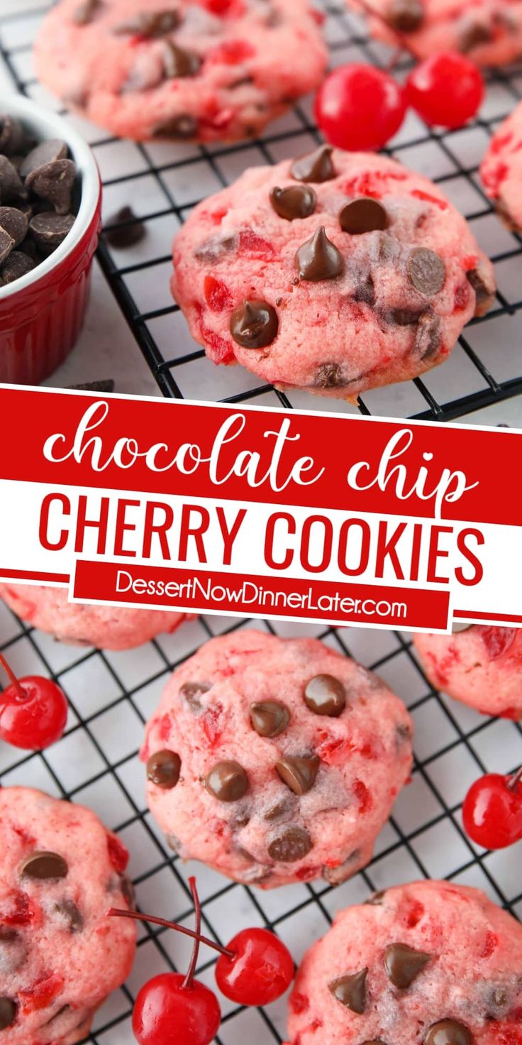 chocolate chip cherry cookies on a cooling rack with cherries and chocolate chips in the background