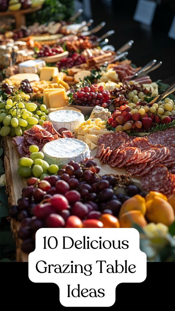 a long table filled with lots of different types of foods and cheeses on it