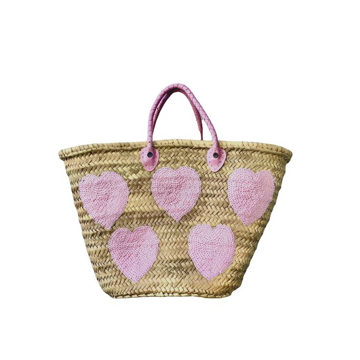 Large Straw Bag with Pink Sequin Hearts Handmade Pink Straw Tote Bag, Handmade Pink Bucket Straw Bag, Pink Bucket Straw Bag With Braided Handles, Pink Handwoven Straw Bag For Summer, Pink Handwoven Bucket Straw Bag, Pink Woven Straw Tote Bag, Handmade Eco-friendly Pink Straw Bag, Eco-friendly Handmade Pink Straw Bag, Pink Handwoven Basket Beach Bag