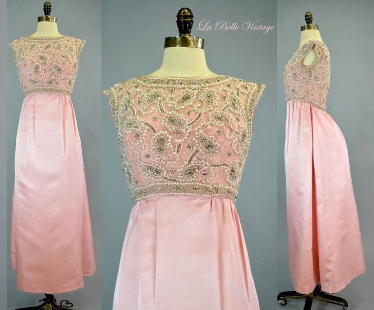 "We are pleased to offer you this lovely gown from the 1960s made in British Hong Kong designed by Bill Haire for Victoria Royal Ltd. This was bought at Makoff department store for about $275 in 1967 which is about $2000 today. If you lived in Utah in the 1950's and 1960's and wanted to buy some expensive bling, Makoff was the place :)  This dress came from an estate in Utah where the previous owner had all her clothing really well kept in climate controlled and in almost pristine condition. ✂ FABRIC: This fantastic number is made of candy pink silk hand embellished with faux pearls, huge chaton and navette rhinestones and glass beads. This is fully lined in muslin and then silk organza. The workmanship on this dress is almost couture boasting of french seams, weights and hand done details Vintage Embellished Evening Dress, Vintage Party Dresses With Pearl Embroidery, Vintage Pearl Embroidery Party Dress, Bejeweled Dress, British Hong Kong, Rhinestone Dress, Silk Organza, Pink Silk, Pink Candy