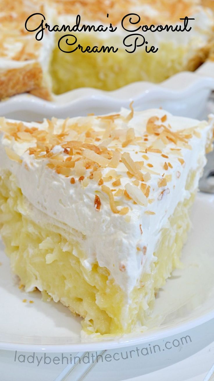 a piece of grandma's coconut cream pie on a plate