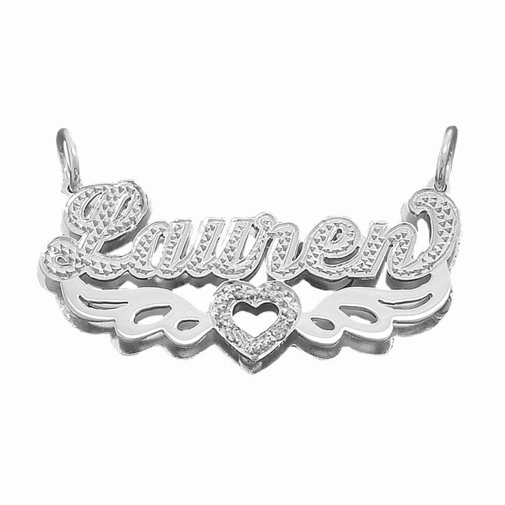 *Elegant personalized silver double plate name pendant necklace. All letter finished in diamond accent. Also this pendant will be rhodium plated over sterling silver to prevent tarnishing and keep it in sparkling shine. *Name Thickness: Top .9 mm / Bottom .7 mm Approx. *Size: 1 3/4 Inch (4.5 cm) X 5/8 Inch (1.5 cm) Approx. *Rolo Chain is optional for this item, split and attached on name pendant when you add chain. *All my personalized jewelry made in Los Angeles CA USA (925 USA hallmark on back Personalized Silver Diamond Name Necklace, Silver Nameplate Necklace With Diamond Accents, Personalized Silver Jewelry With Diamond Accents, Personalized White Gold Jewelry With Diamond Accents, Anniversary White Gold Name Pendant Necklace, Personalized Diamond Name Necklace In Silver, Silver Nameplate Jewelry With Names, Silver Engraved Nameplate Necklaces, Silver Diamond Name Necklace As Personalized Gift