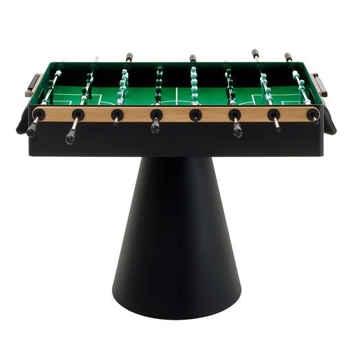 a foosball table sitting on top of a black pedestal with green and gold trim