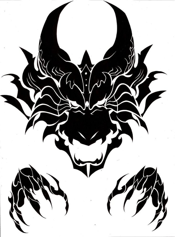 a black and white drawing of a demon's head with claws on its chest