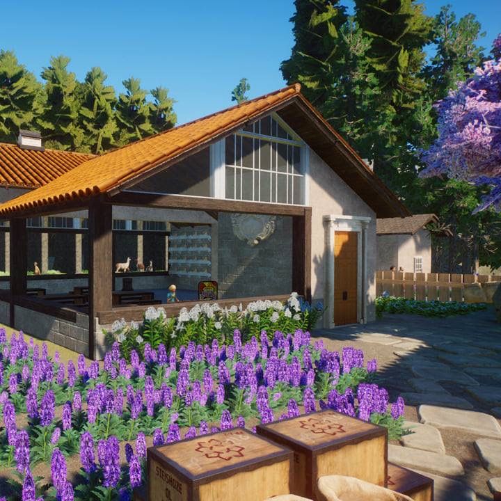 an artist's rendering of a house surrounded by purple flowers