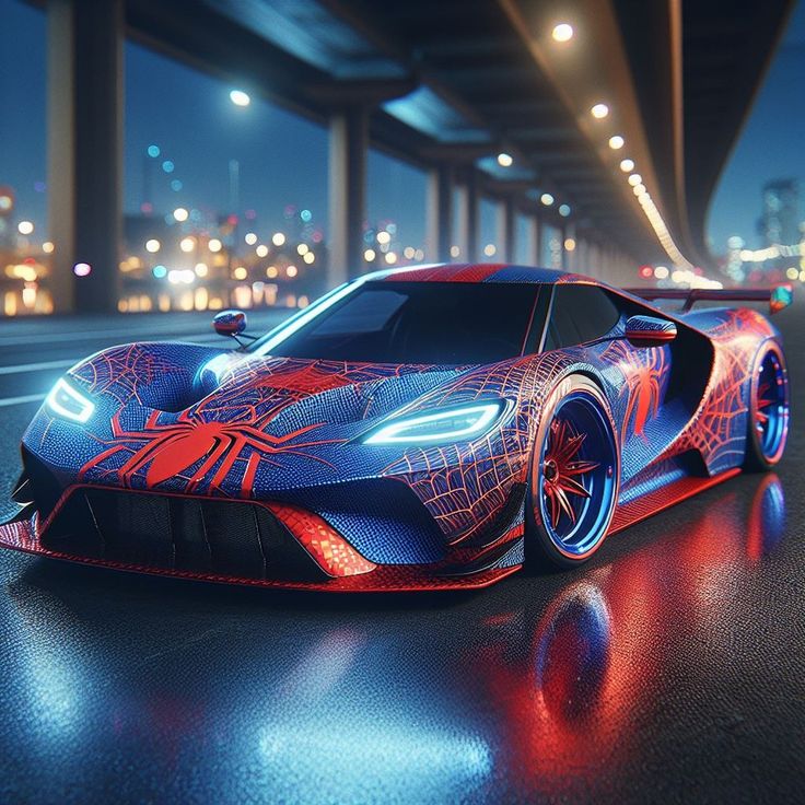 a blue and red sports car in the middle of a city at night with lights on