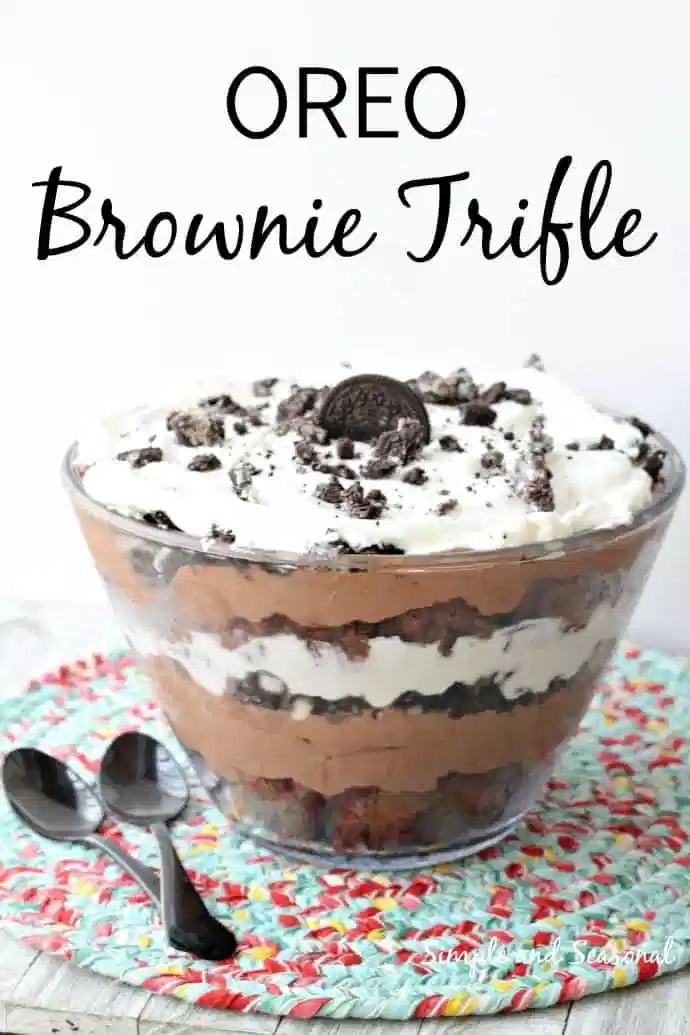 an oreo brownie trifle in a glass bowl on top of a table