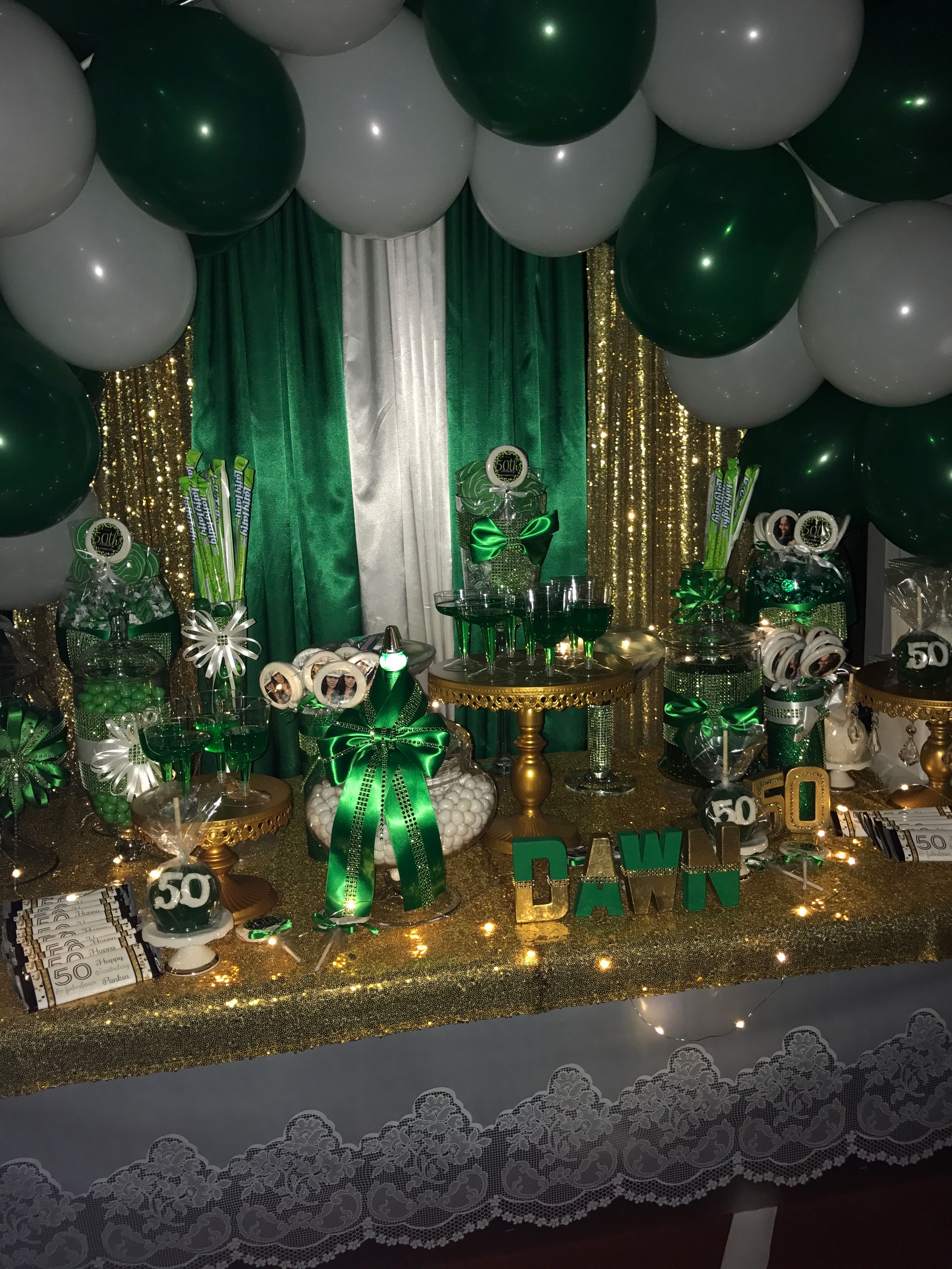 Green white and gold 50th Birthday Gold candy table, Birthday back