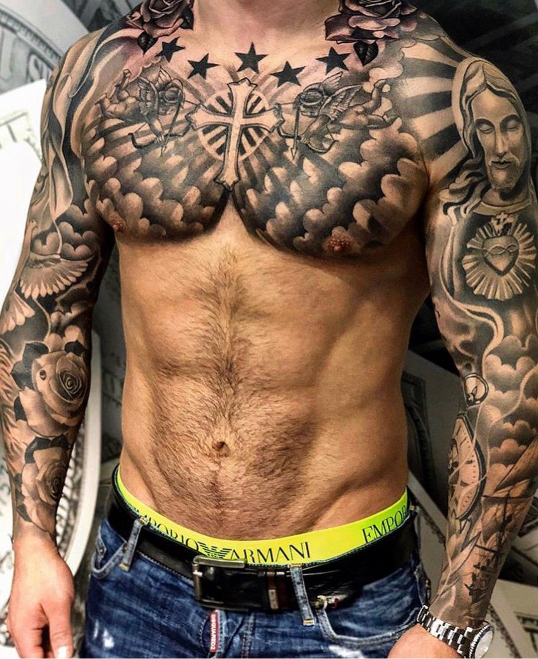 Double sleeve and upper chest | Cool chest tattoos, Chest tattoo men